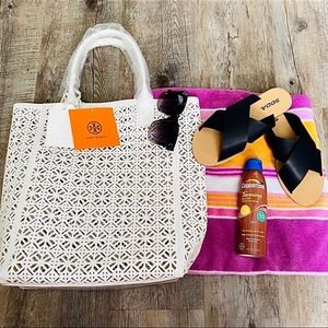 Tory Burch White Cut Out Beach Tote